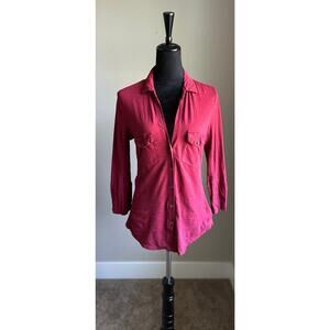 JAMES PERSE Women's Cut Burgundy Sheer Slub Side Panel Button Down Shirt Size M